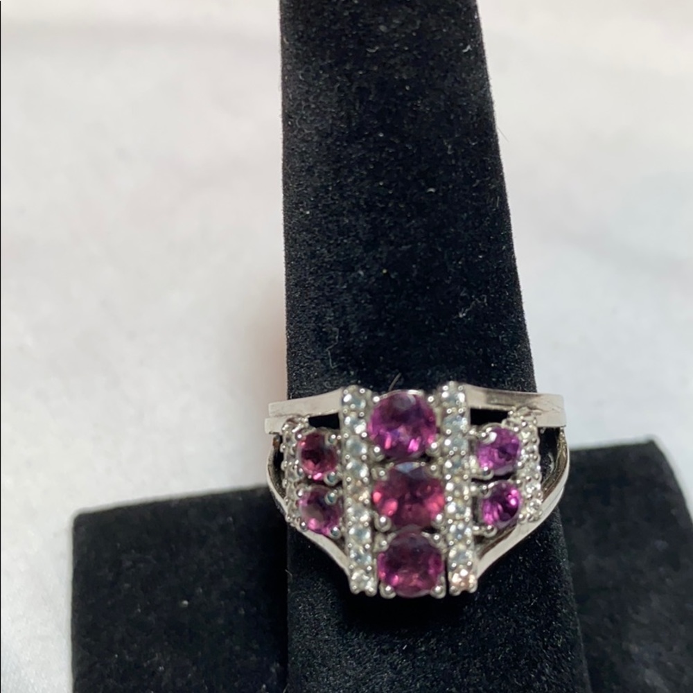 Raspberry Color Rhodolite & White Zircon Ring - image 3
